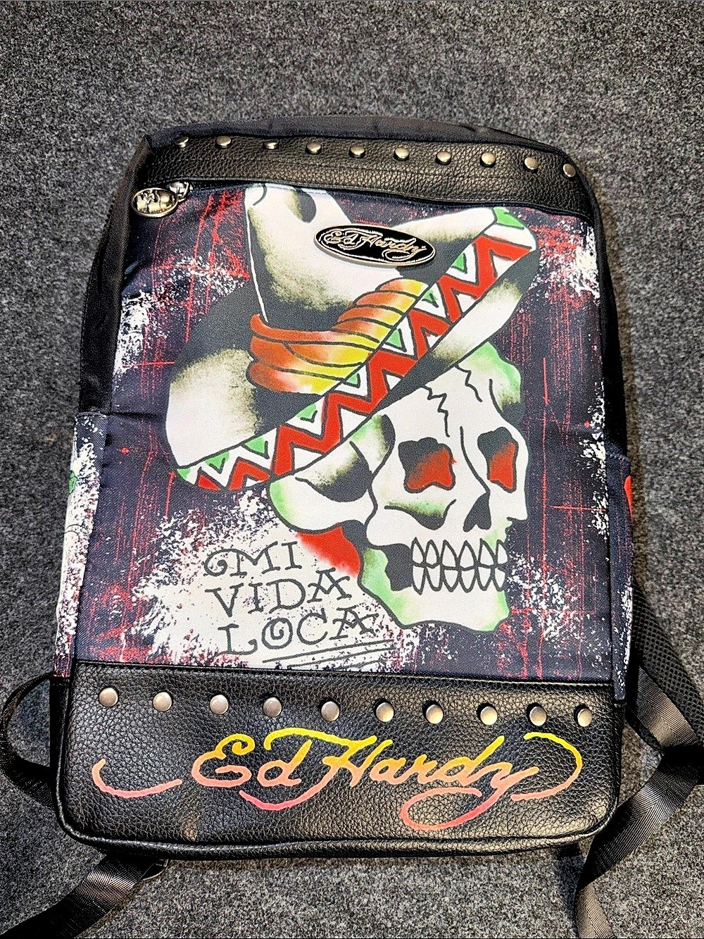 Ed Hardy Graphic Studded Backpack in Multi Color Work Of Art Raw Designed